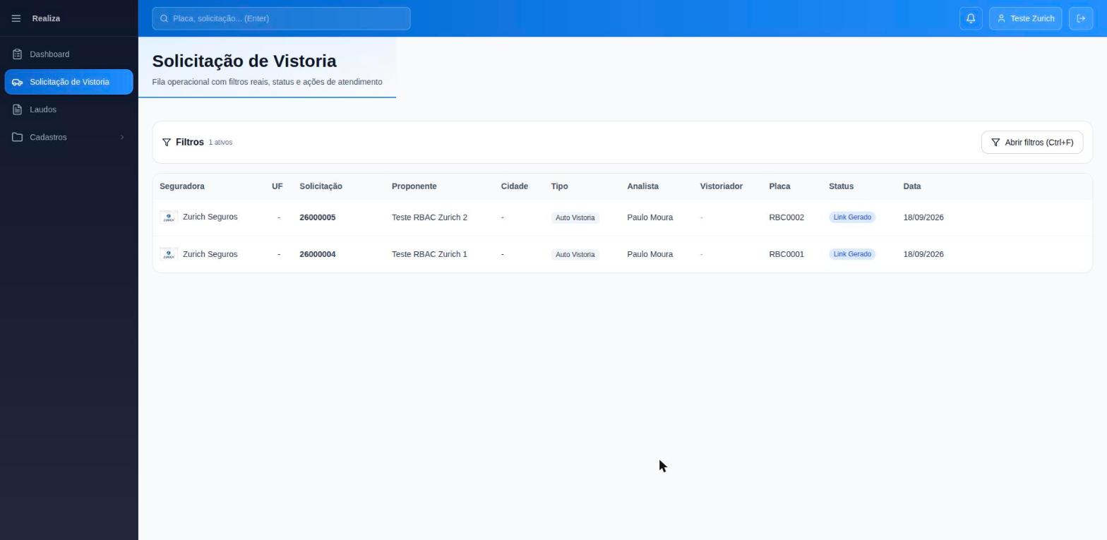 Lista de Solicitação de Vistoria — status, placa e datas de cada vistoria